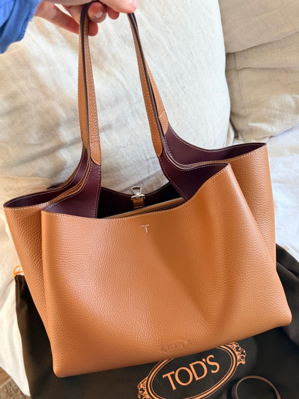 Tod's Tan Leather Tote with Burgundy Interior